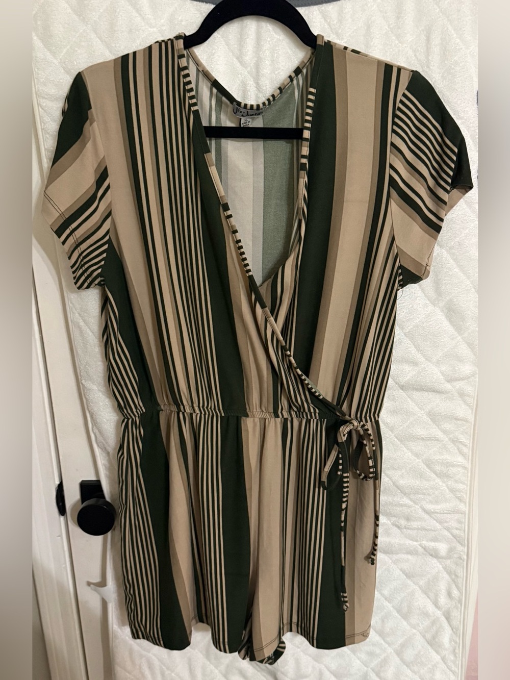 J for Justify Olive and Beige Striped Wrap Romper